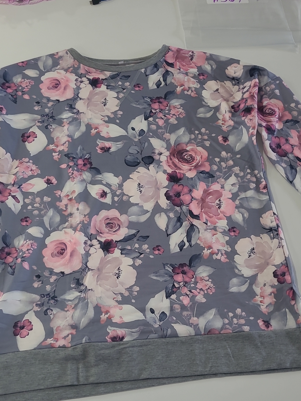 Floral Crewneck Top - Pink & Gray